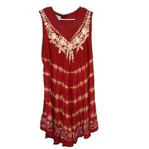 Fashion Force Dress Red Boho Popover Beach Cover Up Sundress Free Size Hippie OS